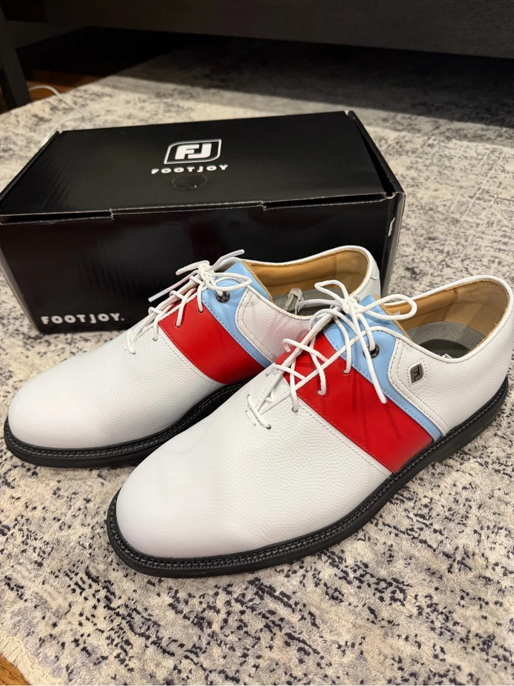 Custom FootJoy Men's White Golf Shoes with Red and Light Blue Panels